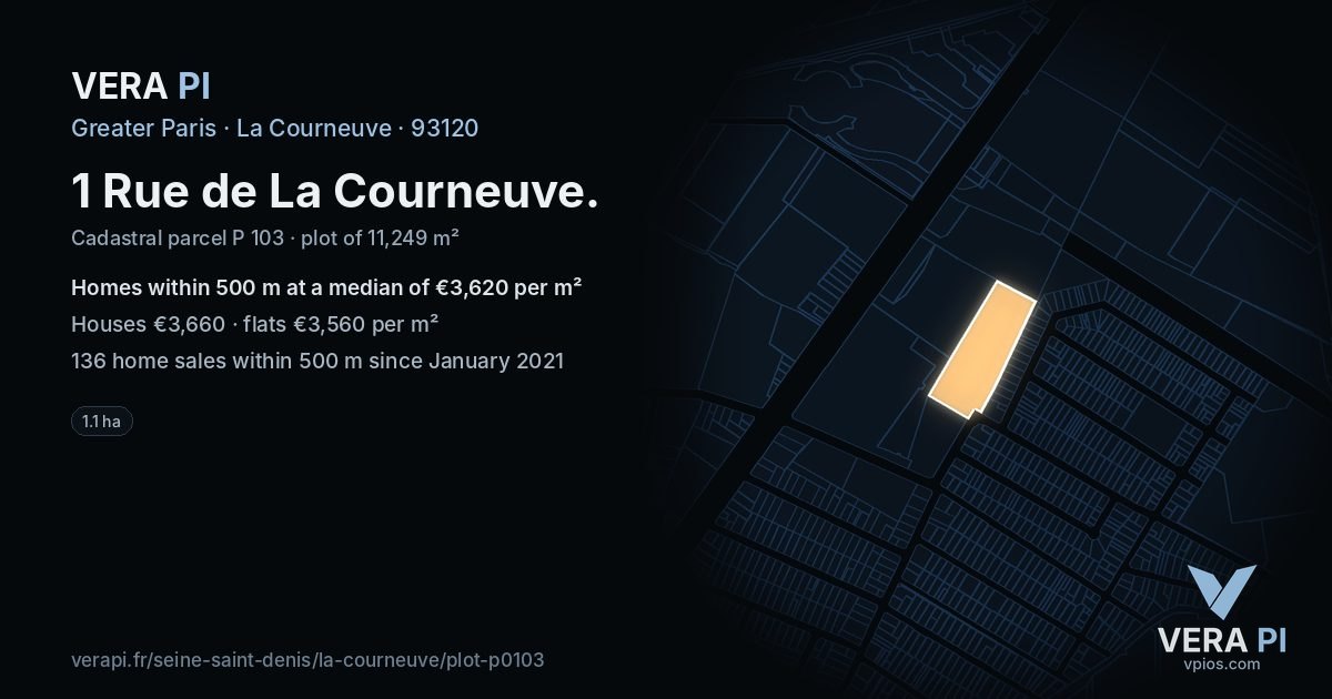1 Rue de La Courneuve, La Courneuve at night – the plot lit, the parcels around coloured by the prices near them