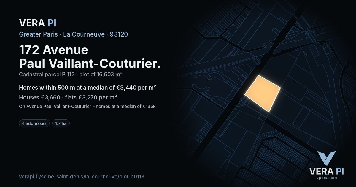 172 Avenue Paul Vaillant-Couturier, La Courneuve at night – the plot lit, the parcels around coloured by the prices near them