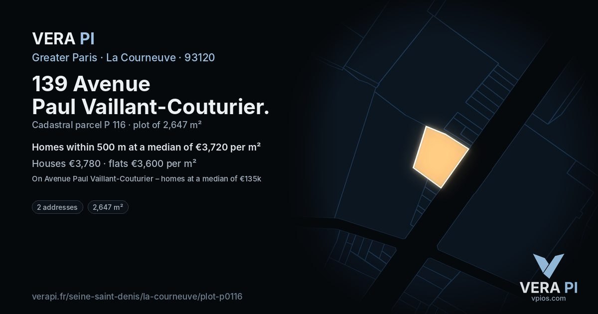 139 Avenue Paul Vaillant-Couturier, La Courneuve at night – the plot lit, the parcels around coloured by the prices near them