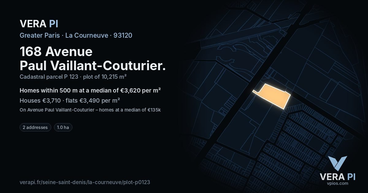 168 Avenue Paul Vaillant-Couturier, La Courneuve at night – the plot lit, the parcels around coloured by the prices near them