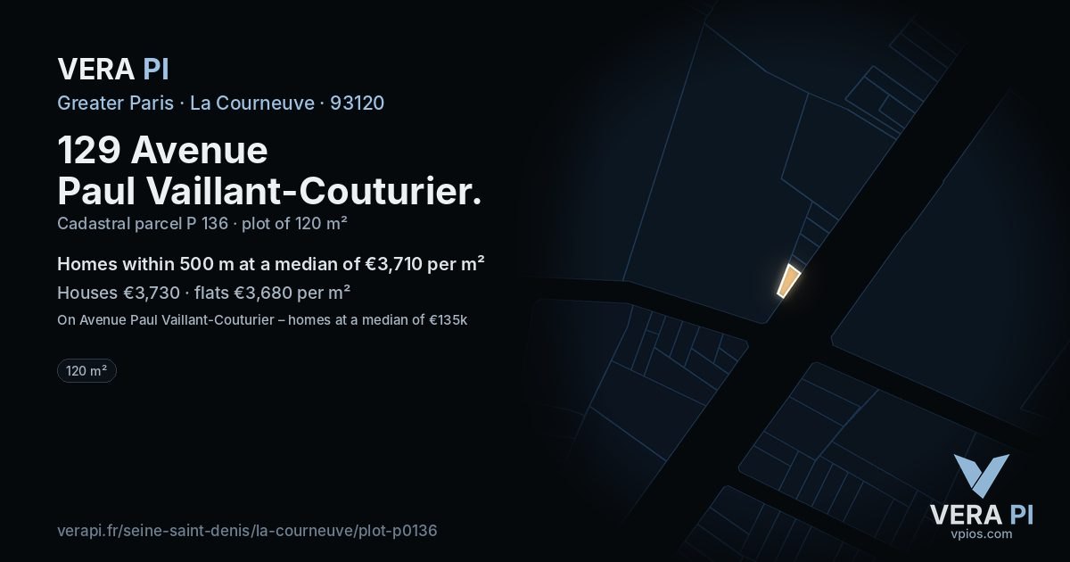 129 Avenue Paul Vaillant-Couturier, La Courneuve at night – the plot lit, the parcels around coloured by the prices near them