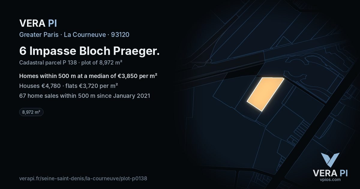 6 Impasse Bloch Praeger, La Courneuve at night – the plot lit, the parcels around coloured by the prices near them