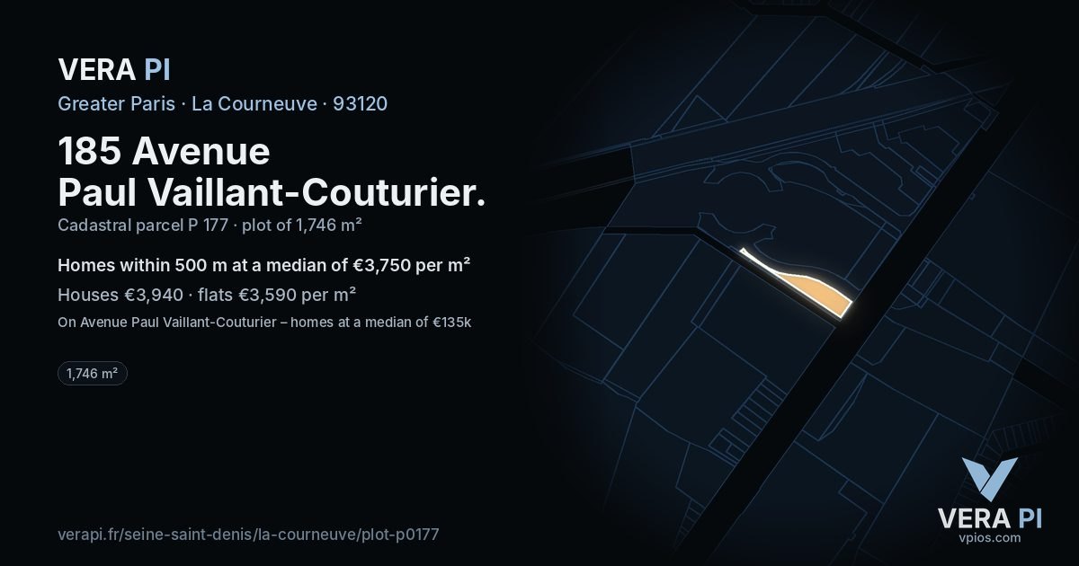 185 Avenue Paul Vaillant-Couturier, La Courneuve at night – the plot lit, the parcels around coloured by the prices near them