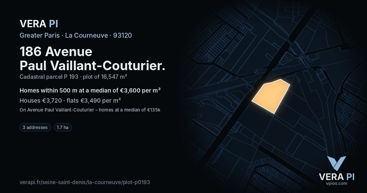 186 Avenue Paul Vaillant-Couturier, La Courneuve at night – the plot lit, the parcels around coloured by the prices near them