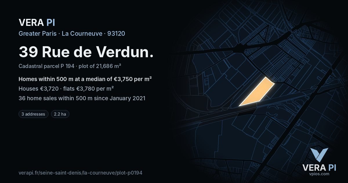 39 Rue de Verdun, La Courneuve at night – the plot lit, the parcels around coloured by the prices near them