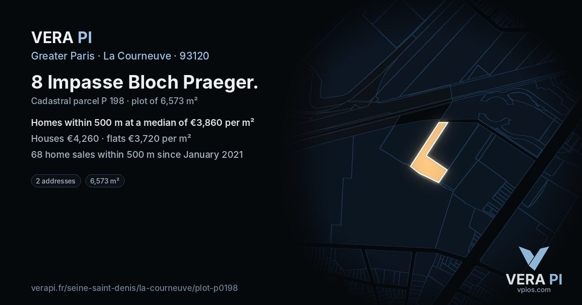 8 Impasse Bloch Praeger, La Courneuve at night – the plot lit, the parcels around coloured by the prices near them