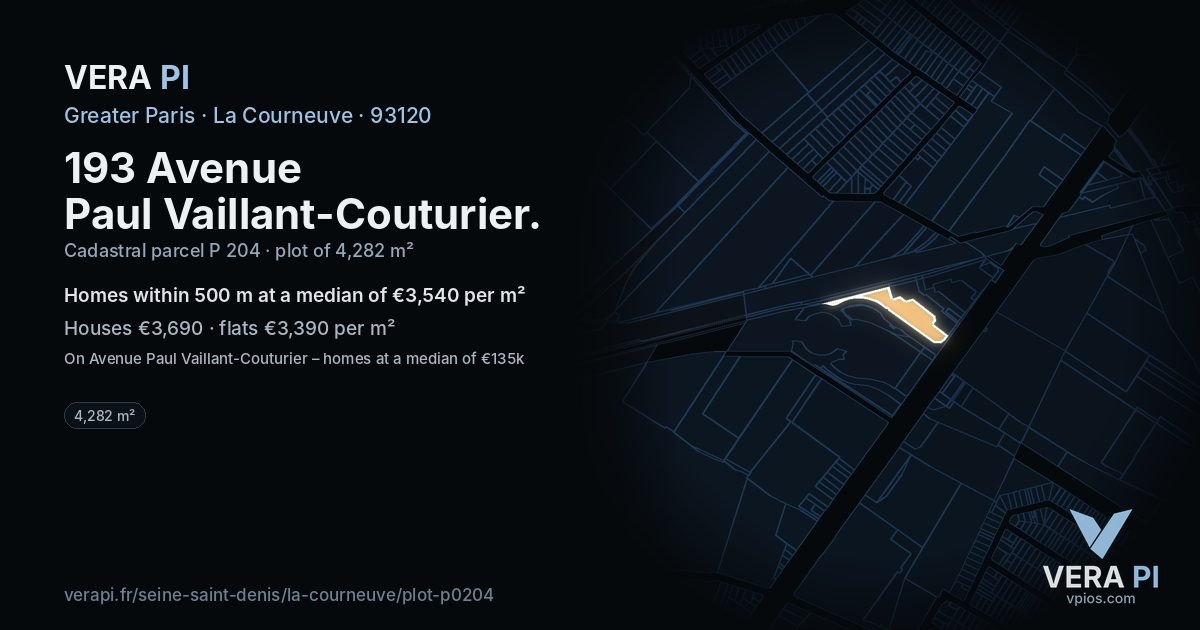 193 Avenue Paul Vaillant-Couturier, La Courneuve at night – the plot lit, the parcels around coloured by the prices near them
