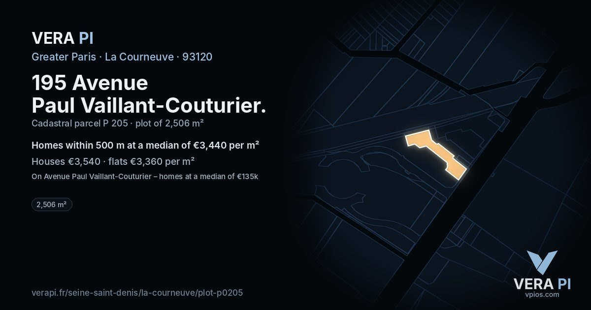 195 Avenue Paul Vaillant-Couturier, La Courneuve at night – the plot lit, the parcels around coloured by the prices near them