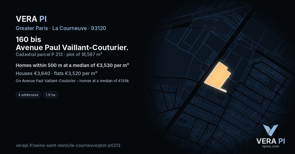 160 bis Avenue Paul Vaillant-Couturier, La Courneuve at night – the plot lit, the parcels around coloured by the prices near them