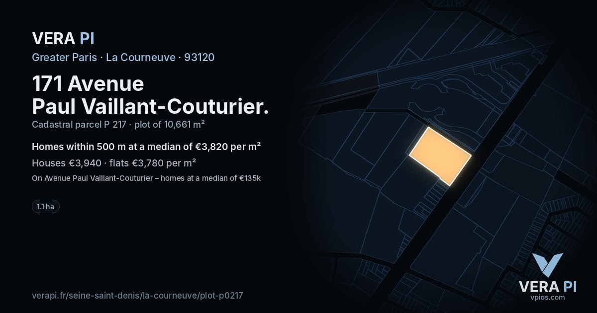 171 Avenue Paul Vaillant-Couturier, La Courneuve at night – the plot lit, the parcels around coloured by the prices near them