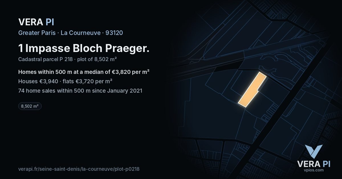 1 Impasse Bloch Praeger, La Courneuve at night – the plot lit, the parcels around coloured by the prices near them