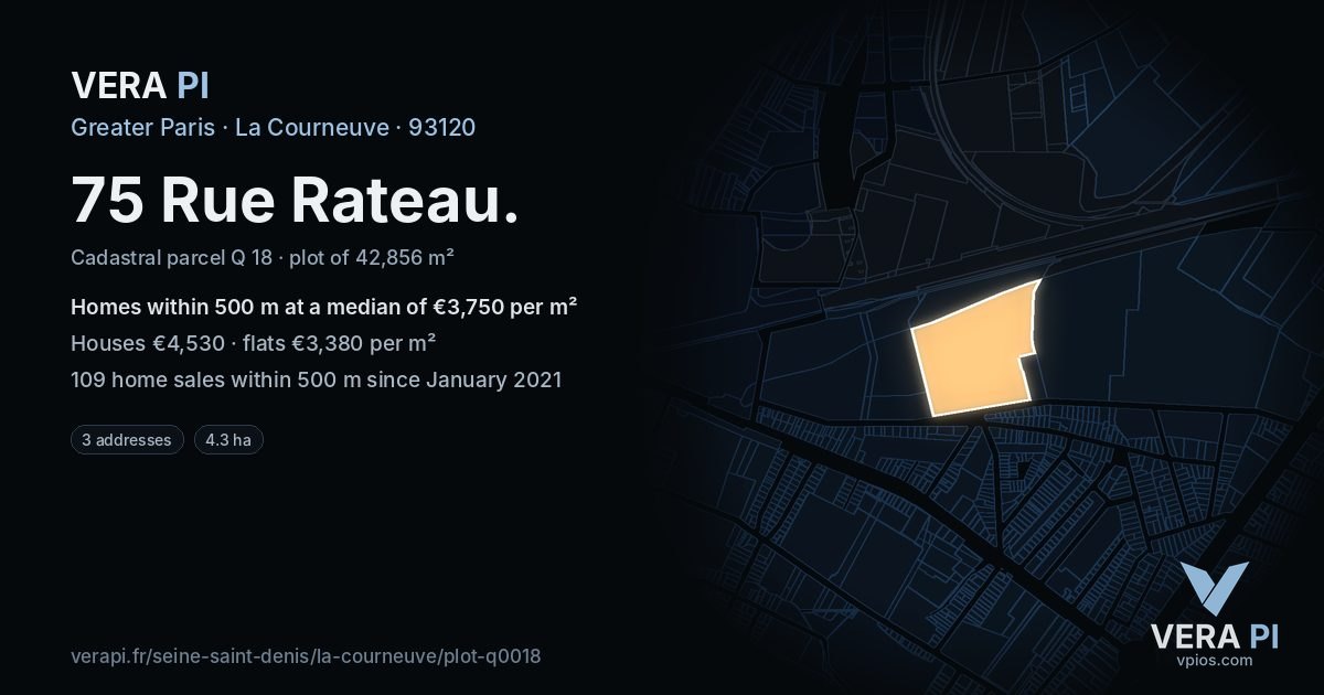 75 Rue Rateau, La Courneuve at night – the plot lit, the parcels around coloured by the prices near them