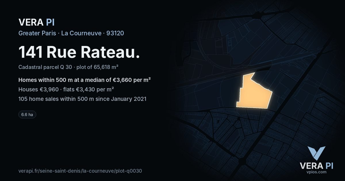 141 Rue Rateau, La Courneuve at night – the plot lit, the parcels around coloured by the prices near them