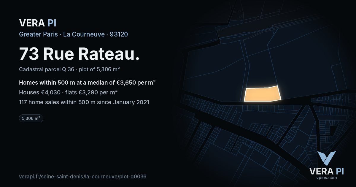 73 Rue Rateau, La Courneuve at night – the plot lit, the parcels around coloured by the prices near them