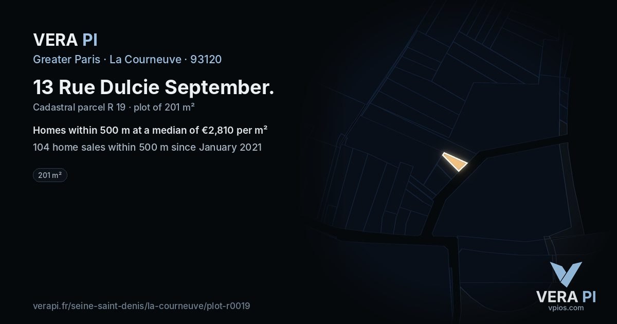 13 Rue Dulcie September, La Courneuve at night – the plot lit, the parcels around coloured by the prices near them