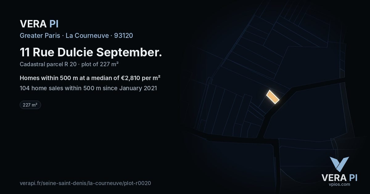 11 Rue Dulcie September, La Courneuve at night – the plot lit, the parcels around coloured by the prices near them