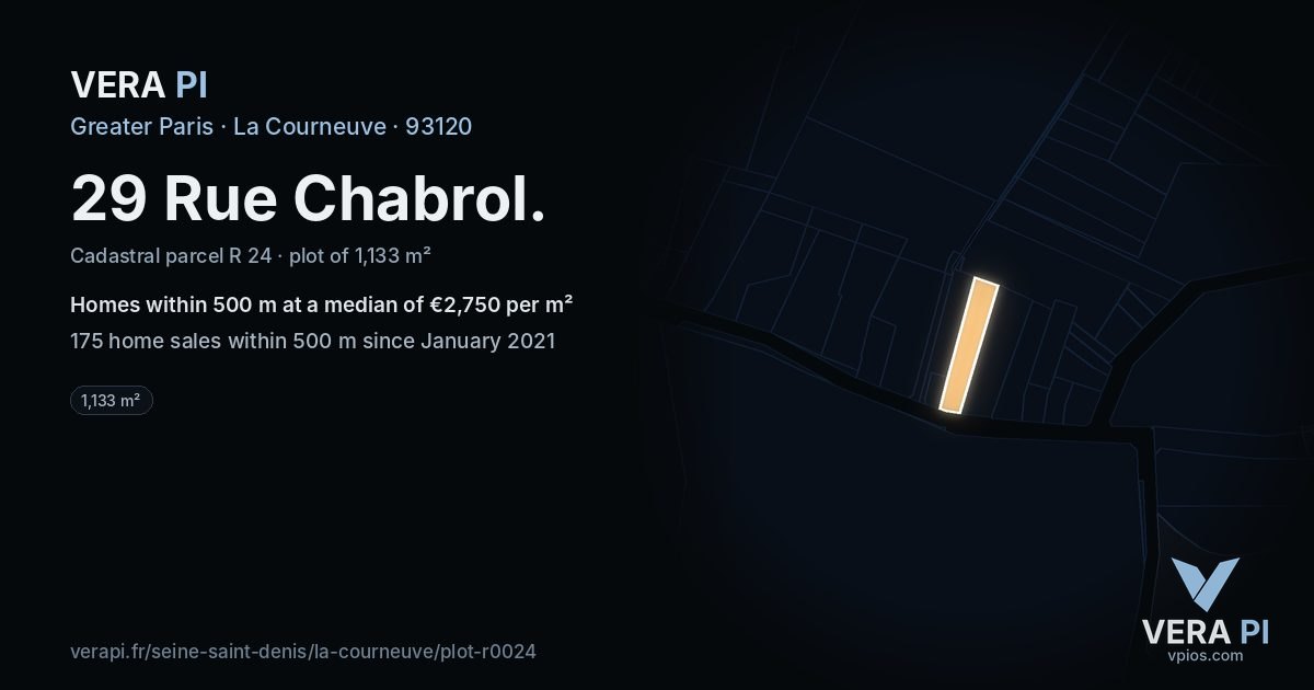 29 Rue Chabrol, La Courneuve at night – the plot lit, the parcels around coloured by the prices near them