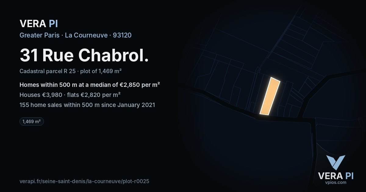 31 Rue Chabrol, La Courneuve at night – the plot lit, the parcels around coloured by the prices near them