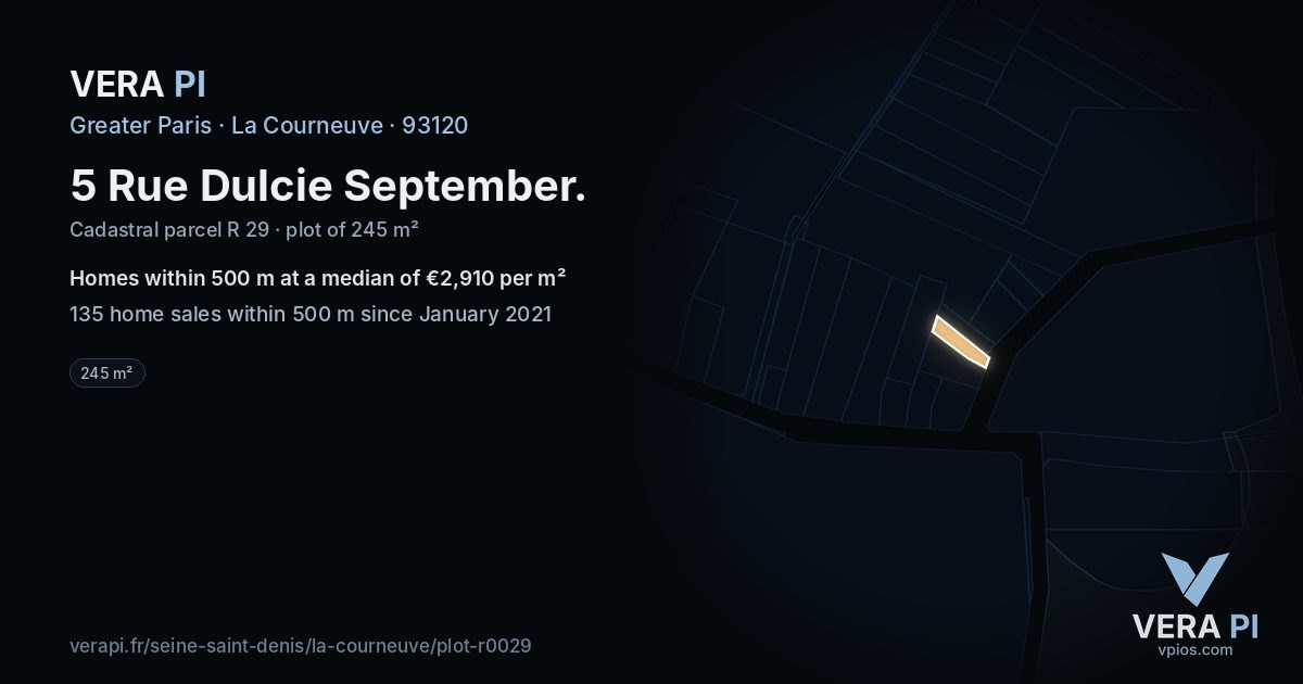 5 Rue Dulcie September, La Courneuve at night – the plot lit, the parcels around coloured by the prices near them