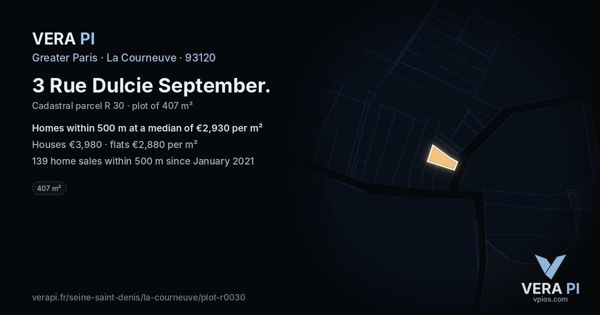 3 Rue Dulcie September, La Courneuve at night – the plot lit, the parcels around coloured by the prices near them