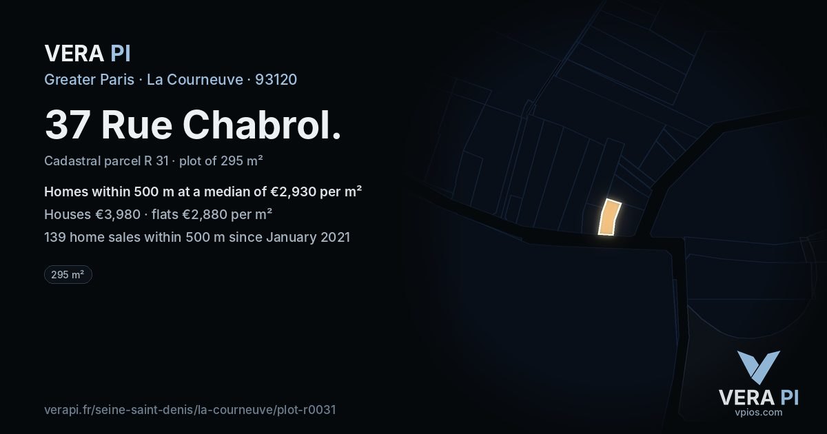 37 Rue Chabrol, La Courneuve at night – the plot lit, the parcels around coloured by the prices near them