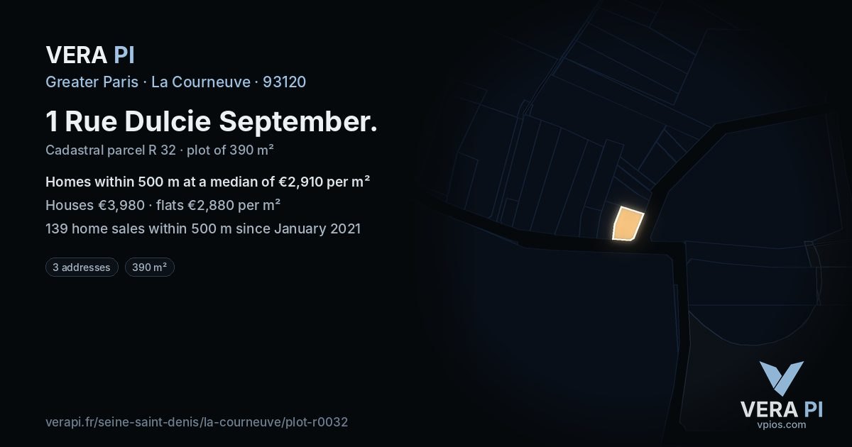 1 Rue Dulcie September, La Courneuve at night – the plot lit, the parcels around coloured by the prices near them