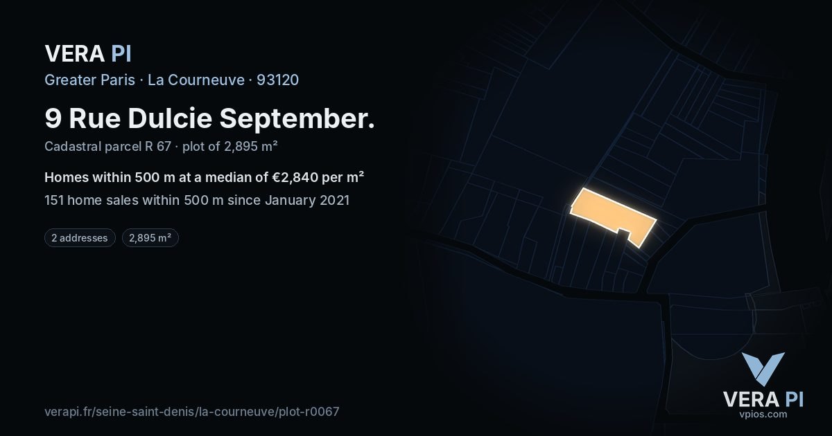 9 Rue Dulcie September, La Courneuve at night – the plot lit, the parcels around coloured by the prices near them