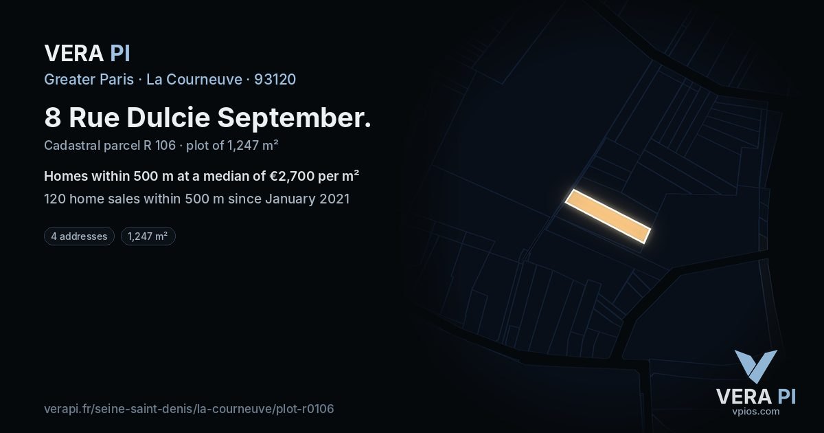 8 Rue Dulcie September, La Courneuve at night – the plot lit, the parcels around coloured by the prices near them