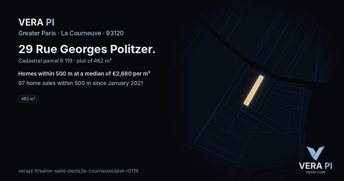 29 Rue Georges Politzer, La Courneuve at night – the plot lit, the parcels around coloured by the prices near them