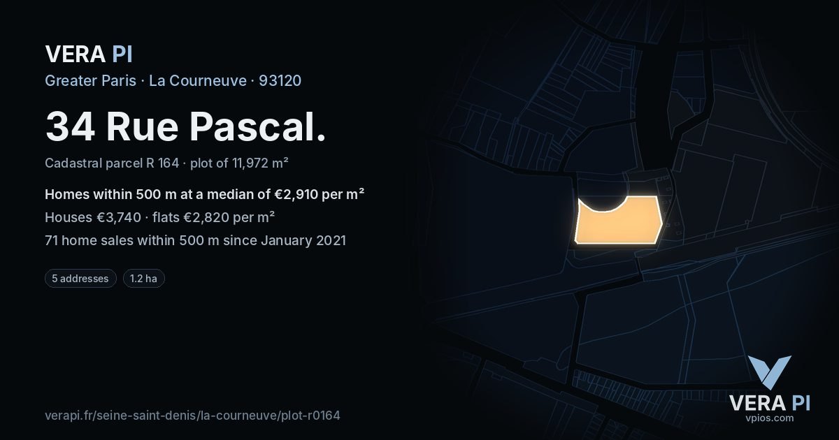 34 Rue Pascal, La Courneuve at night – the plot lit, the parcels around coloured by the prices near them