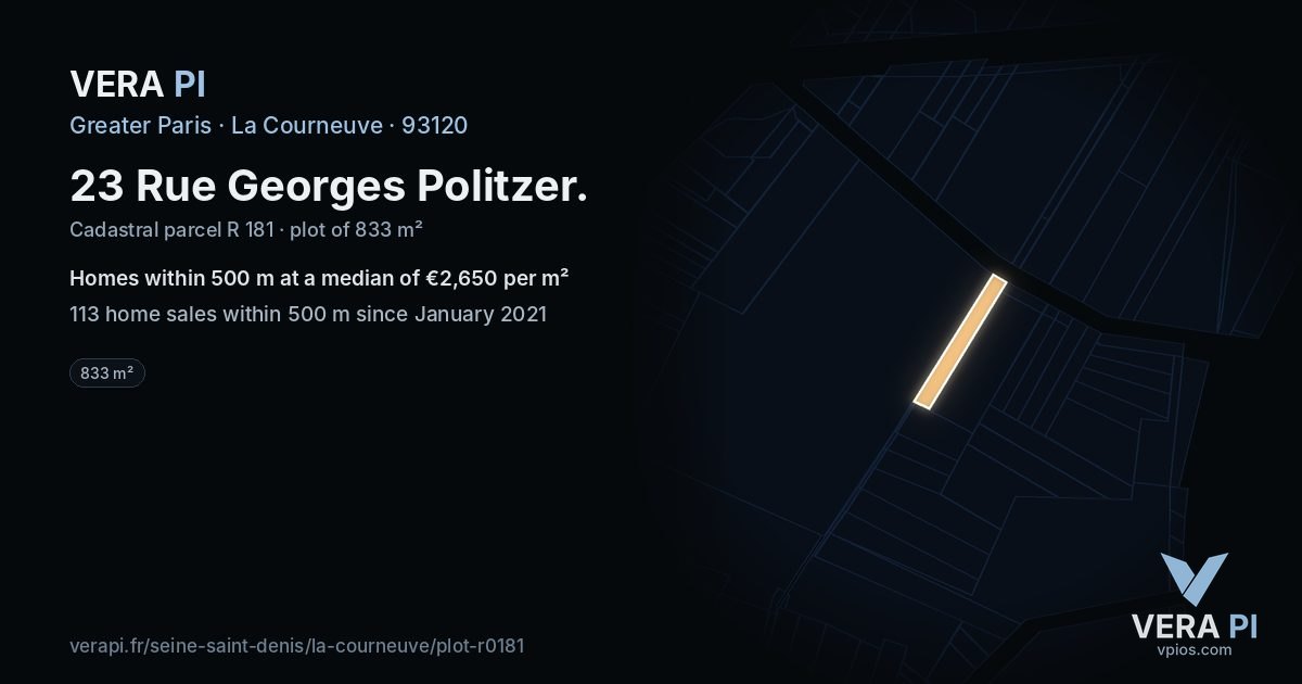 23 Rue Georges Politzer, La Courneuve at night – the plot lit, the parcels around coloured by the prices near them