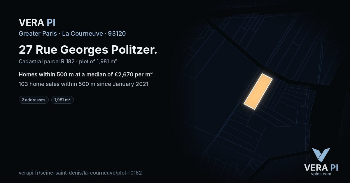 27 Rue Georges Politzer, La Courneuve at night – the plot lit, the parcels around coloured by the prices near them