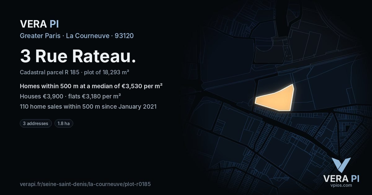3 Rue Rateau, La Courneuve at night – the plot lit, the parcels around coloured by the prices near them