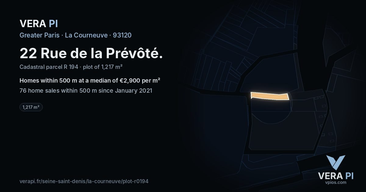 22 Rue de la Prévôté, La Courneuve at night – the plot lit, the parcels around coloured by the prices near them