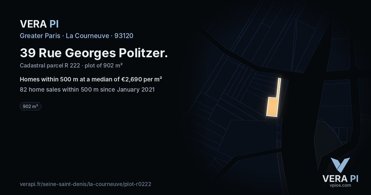 39 Rue Georges Politzer, La Courneuve at night – the plot lit, the parcels around coloured by the prices near them