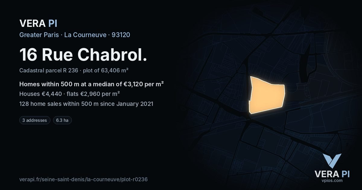 16 Rue Chabrol, La Courneuve at night – the plot lit, the parcels around coloured by the prices near them