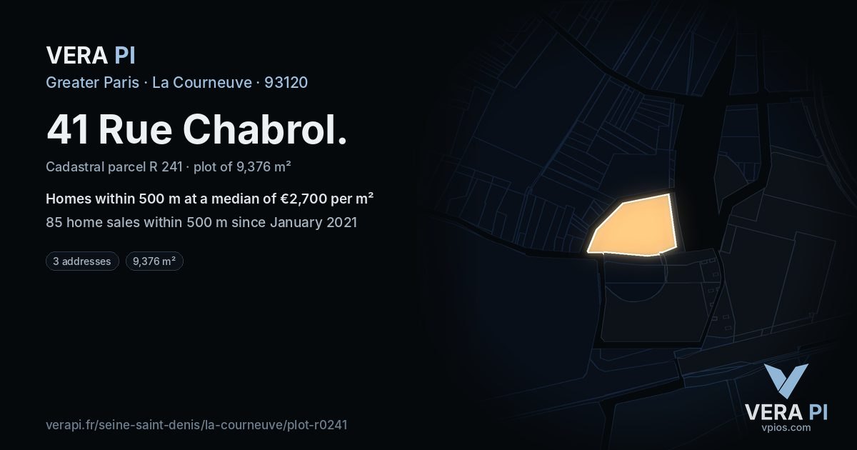 41 Rue Chabrol, La Courneuve at night – the plot lit, the parcels around coloured by the prices near them