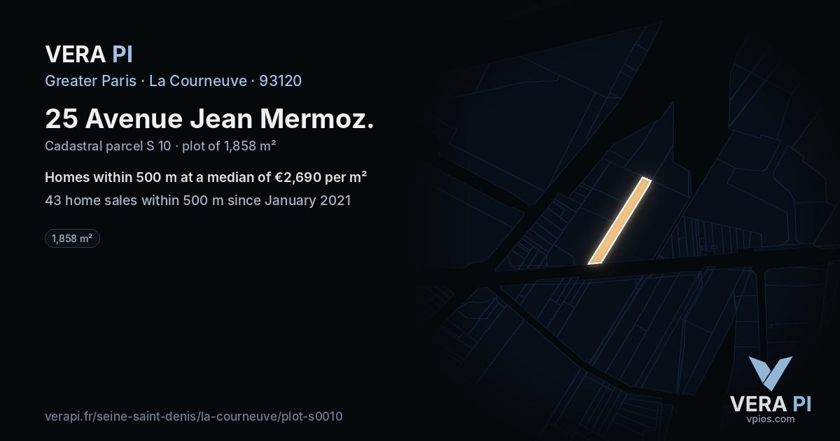 25 Avenue Jean Mermoz, La Courneuve at night – the plot lit, the parcels around coloured by the prices near them