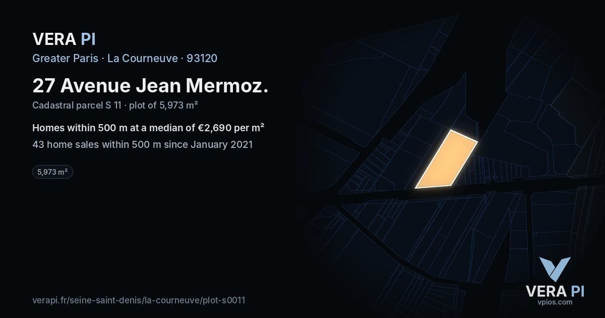 27 Avenue Jean Mermoz, La Courneuve at night – the plot lit, the parcels around coloured by the prices near them