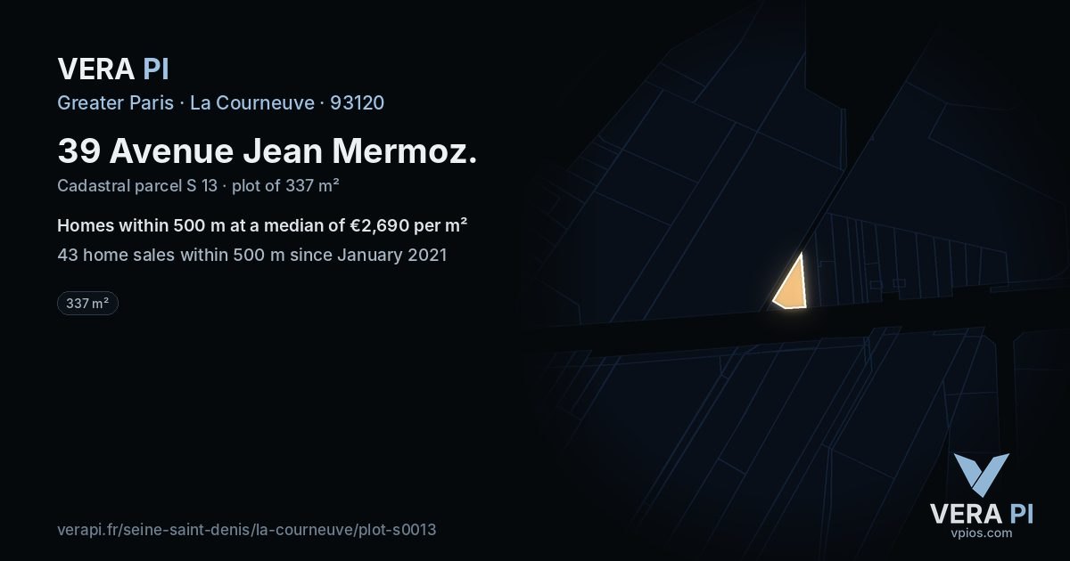 39 Avenue Jean Mermoz, La Courneuve at night – the plot lit, the parcels around coloured by the prices near them