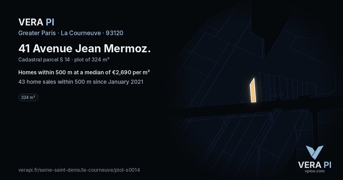 41 Avenue Jean Mermoz, La Courneuve at night – the plot lit, the parcels around coloured by the prices near them
