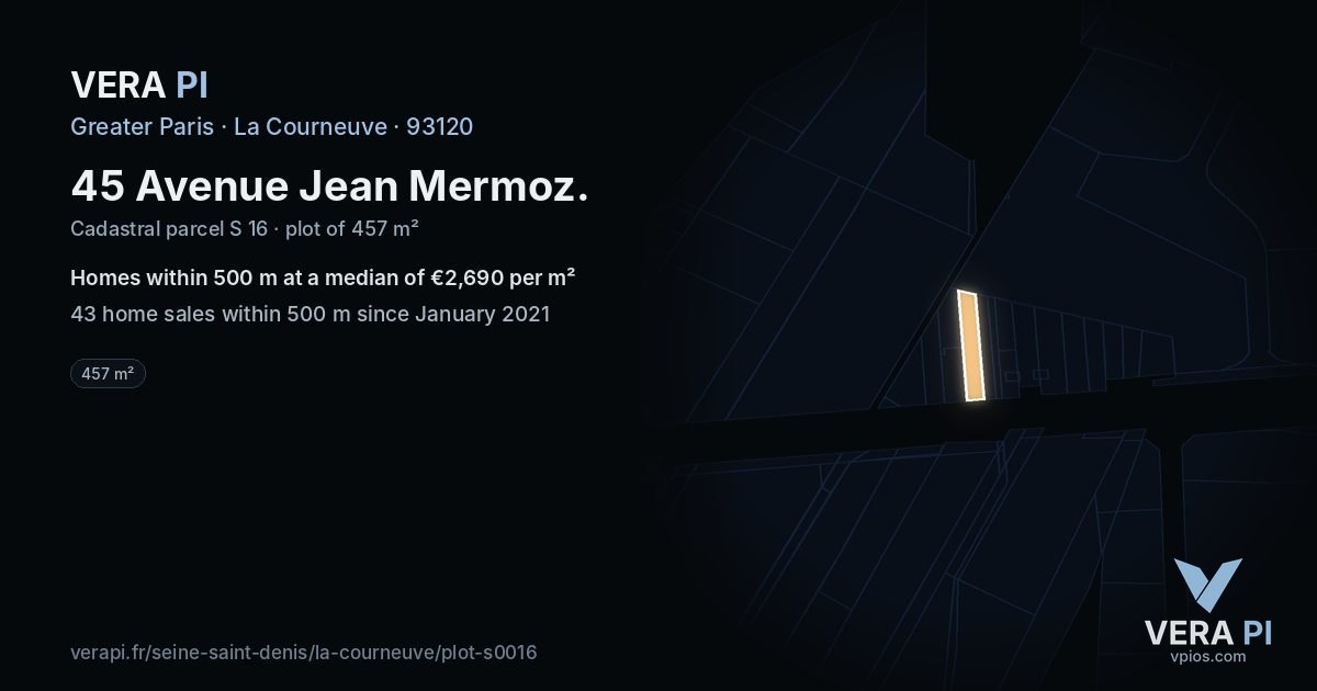 45 Avenue Jean Mermoz, La Courneuve at night – the plot lit, the parcels around coloured by the prices near them