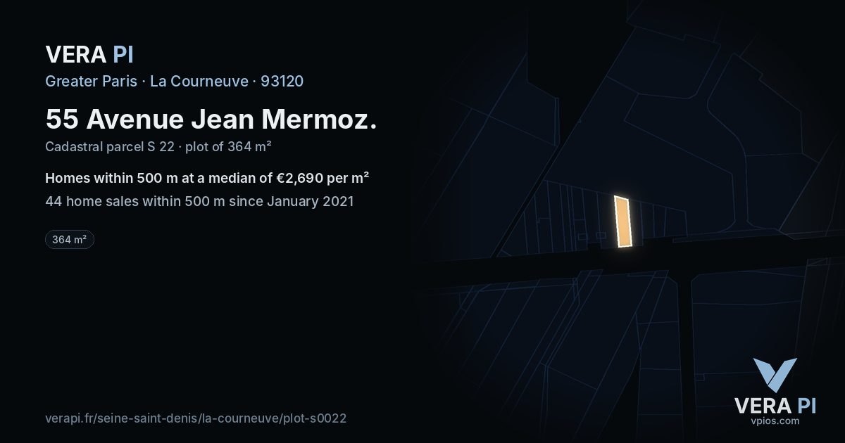 55 Avenue Jean Mermoz, La Courneuve at night – the plot lit, the parcels around coloured by the prices near them