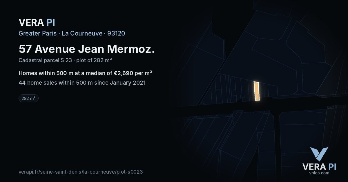 57 Avenue Jean Mermoz, La Courneuve at night – the plot lit, the parcels around coloured by the prices near them