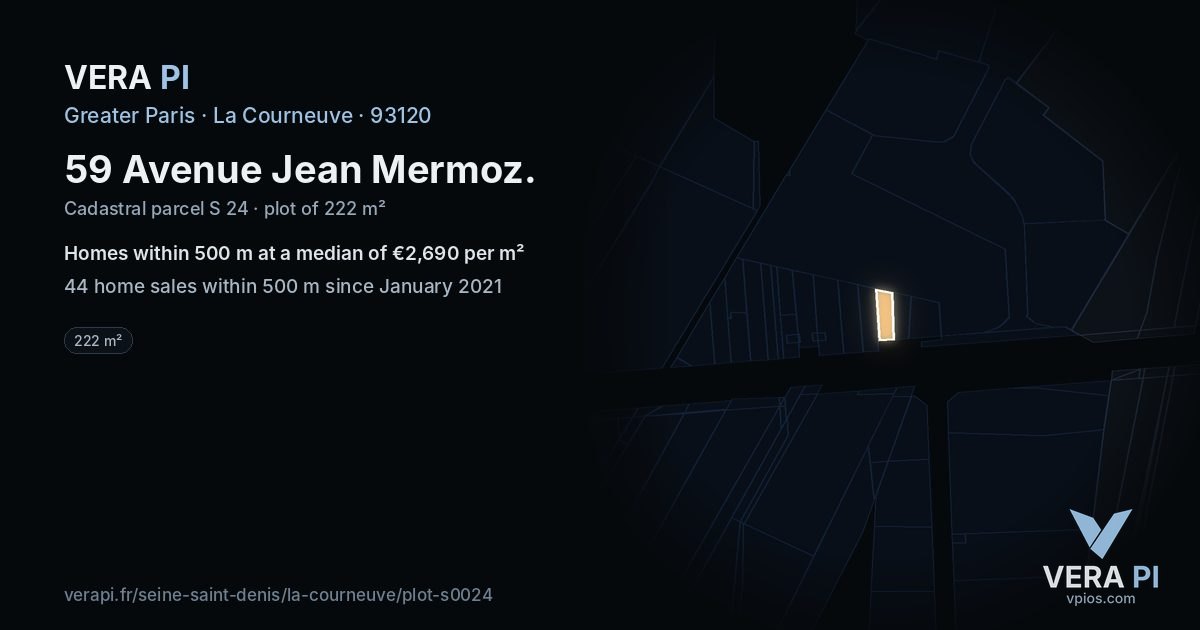 59 Avenue Jean Mermoz, La Courneuve at night – the plot lit, the parcels around coloured by the prices near them