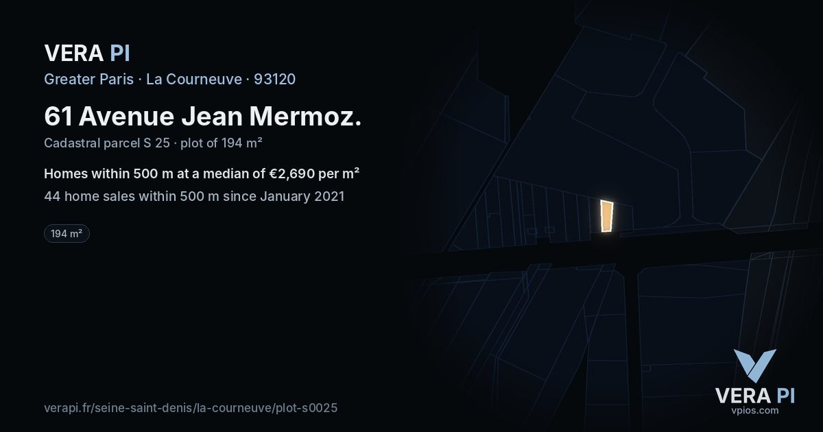 61 Avenue Jean Mermoz, La Courneuve at night – the plot lit, the parcels around coloured by the prices near them