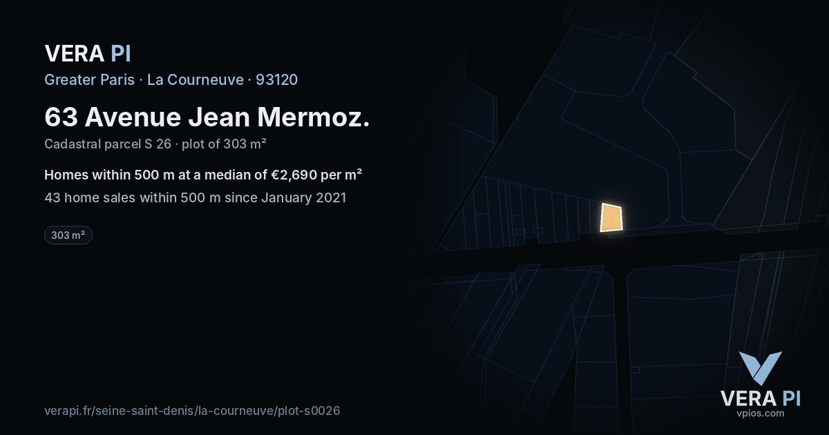 63 Avenue Jean Mermoz, La Courneuve at night – the plot lit, the parcels around coloured by the prices near them