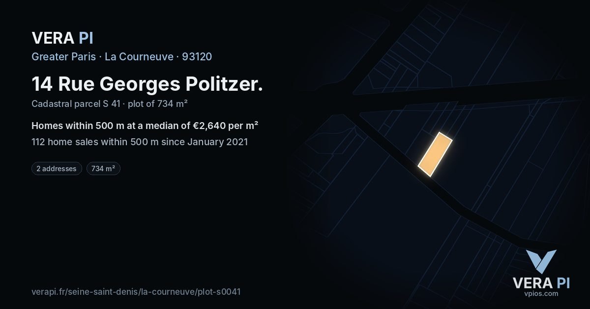 14 Rue Georges Politzer, La Courneuve at night – the plot lit, the parcels around coloured by the prices near them
