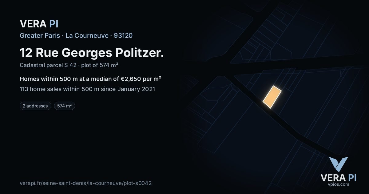 12 Rue Georges Politzer, La Courneuve at night – the plot lit, the parcels around coloured by the prices near them