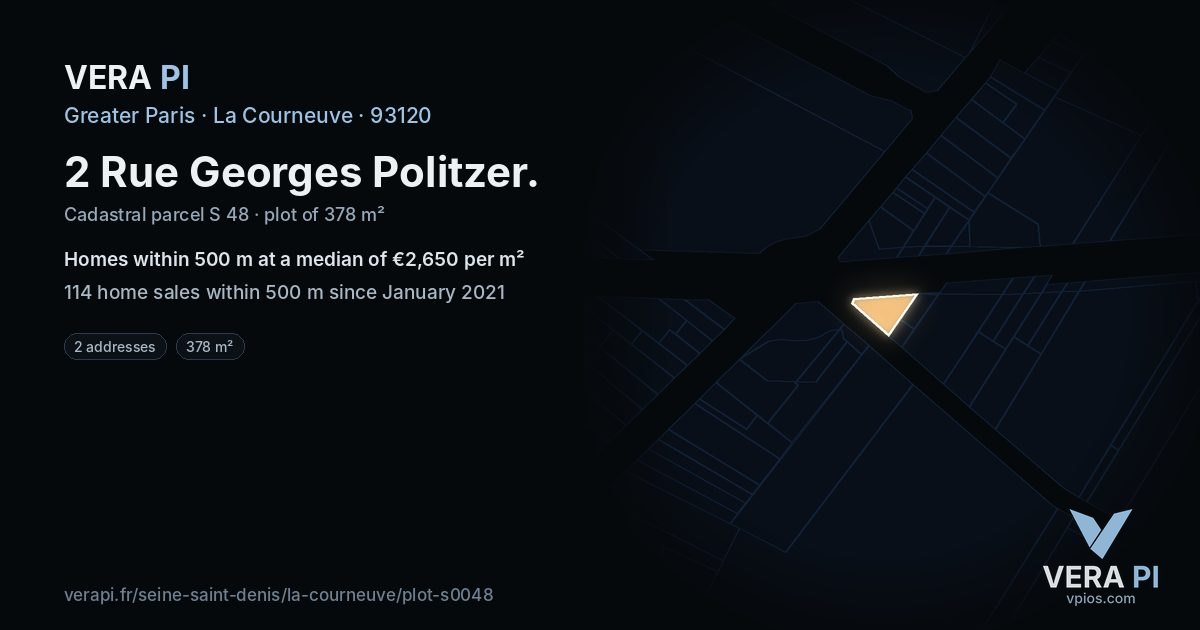 2 Rue Georges Politzer, La Courneuve at night – the plot lit, the parcels around coloured by the prices near them